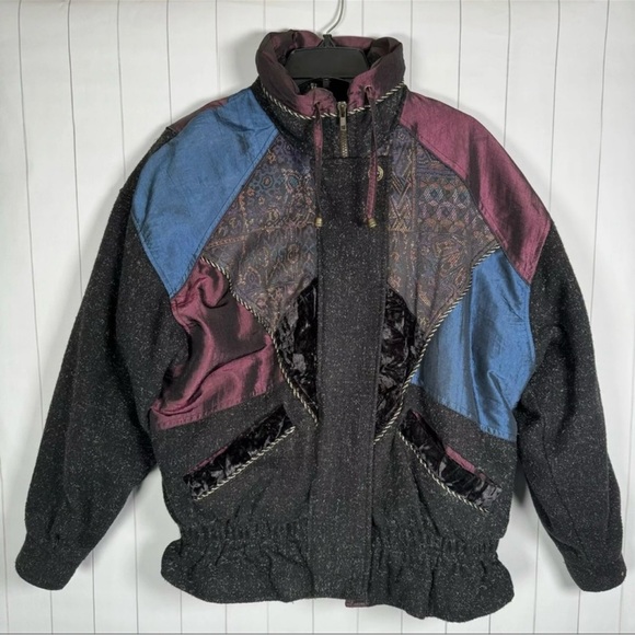 VTG KARIZMA 80s 90s Wool Crushed Velvet Blend Winter Coat Ski Bomber Jacket M - Picture 1 of 13